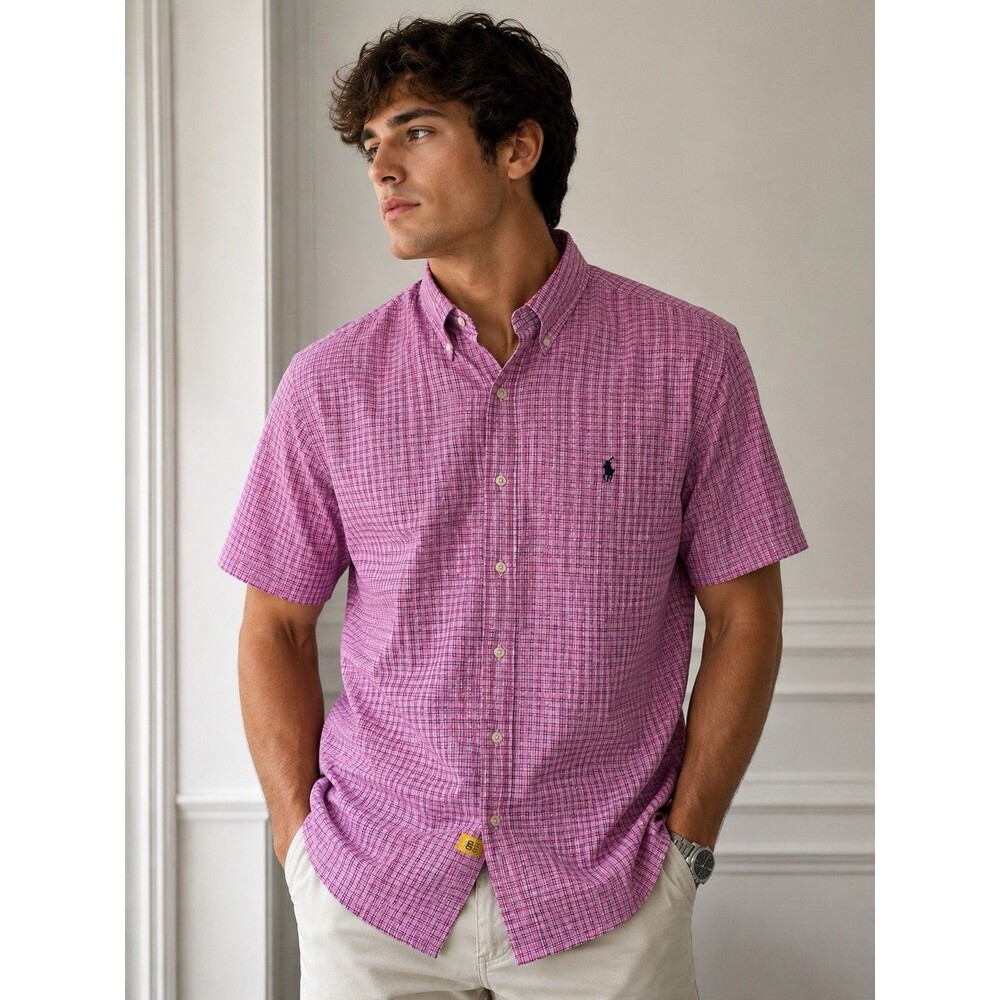 Polo RALPH LAUREN CLASSIC FIT Mens Sz xl Pink blue Plaid short sleeve Shirt